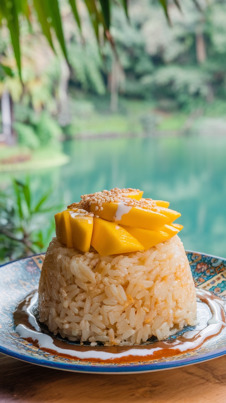 A serving of Thai Mango Sticky Rice with coconut milk and mango slices on a decorative plate.